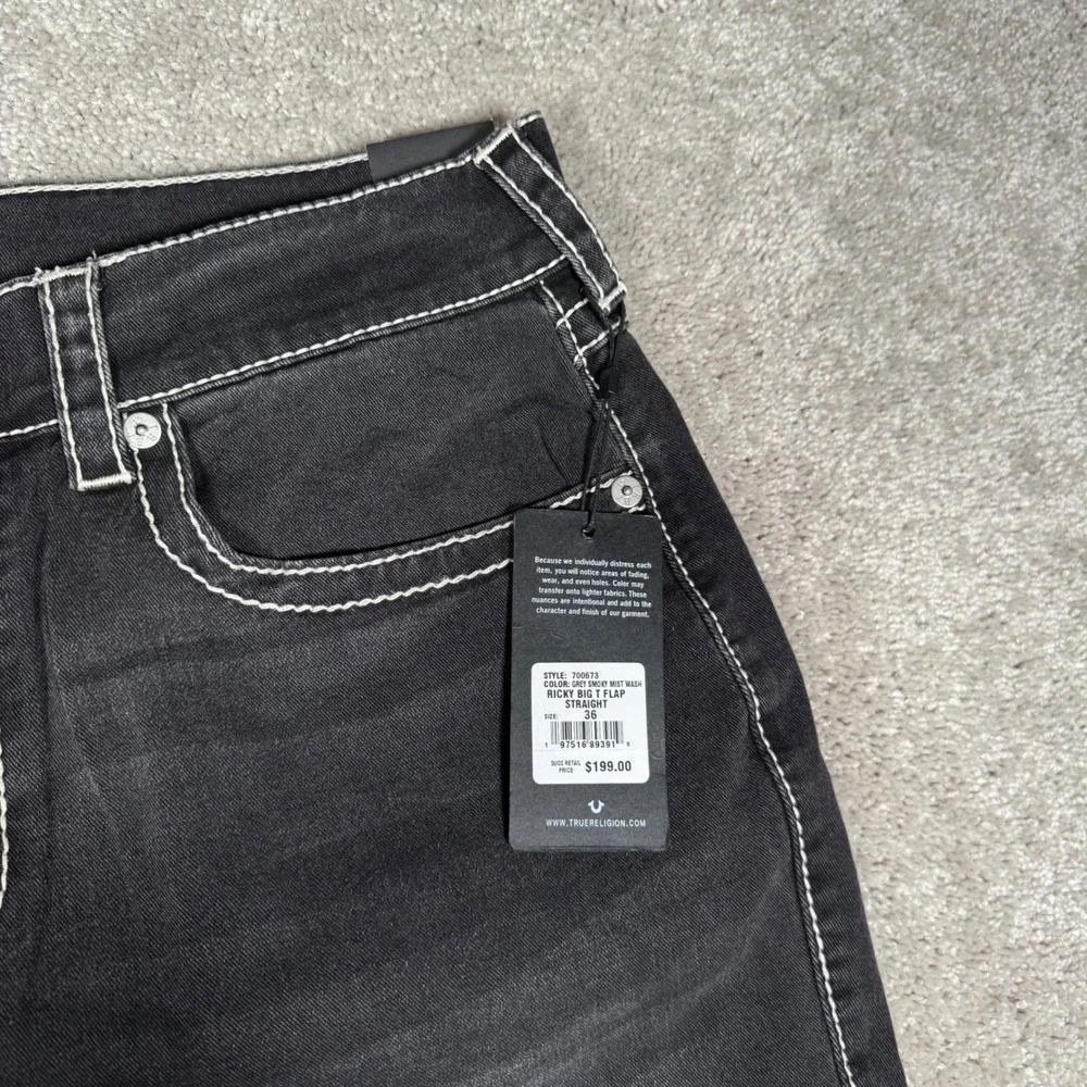 NWT True Religion Ricky Big‎ T Flap Straight Men's 36x33 Jeans Grey Smoky Denim